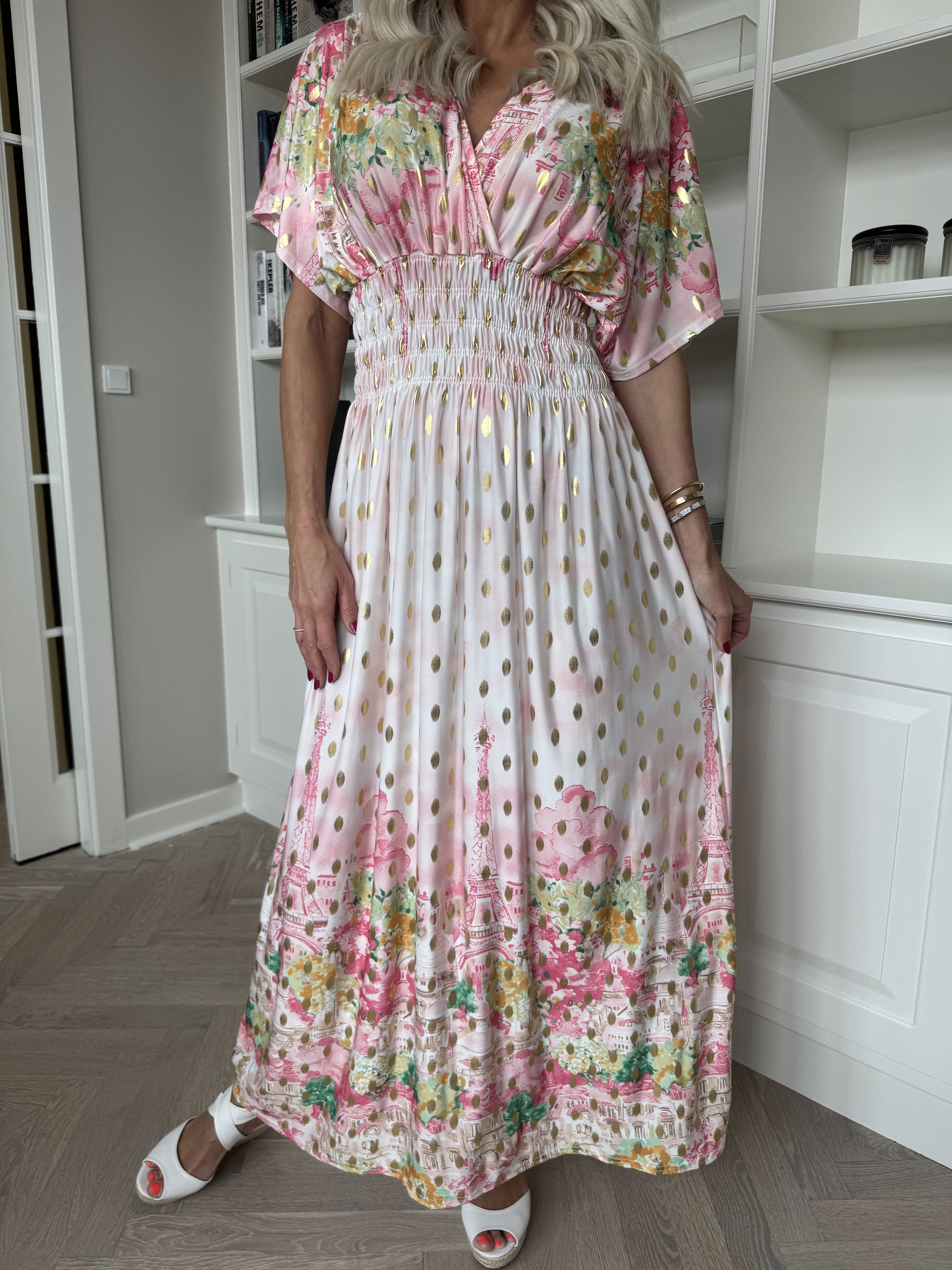 Pams Paris - Lång elastisk mönstrad klänning med guldnitar